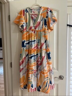 Umgee Multicolor Abstract Brushstroke Midi Dress - Yellow, Navy, Pink, Green